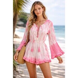 Exist Pink Tie Dye Lace-Up Romper Boho Bell Sleeve Festival Coverup S Beach Pool